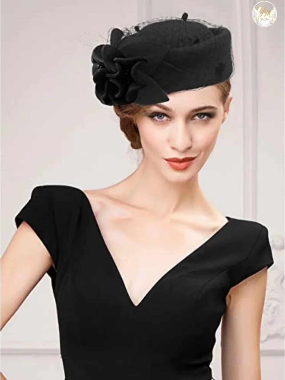 Wool Felt Pillbox Hat with Veil Flower for Wedding Church Derby Fascinator